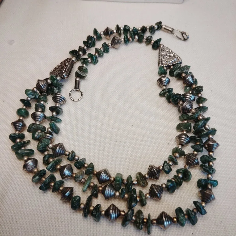 Layered Green Jadeite Chip Necklace with Silver Tone Beads, 18–20